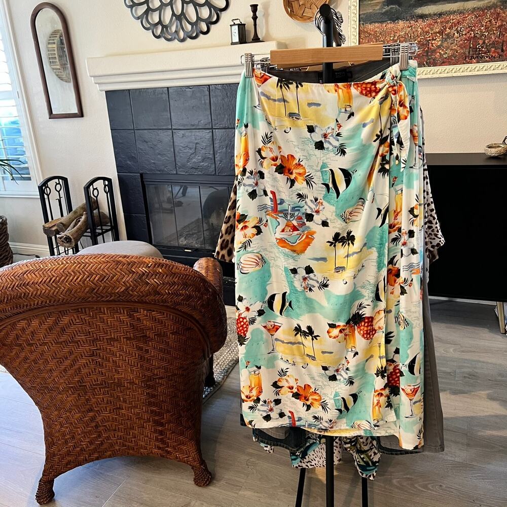 Crazy Horse Skirt Womens Size 14 Tropical Hawaiian Map Fish Wrap Zipper Resort - Picture 16 of 16